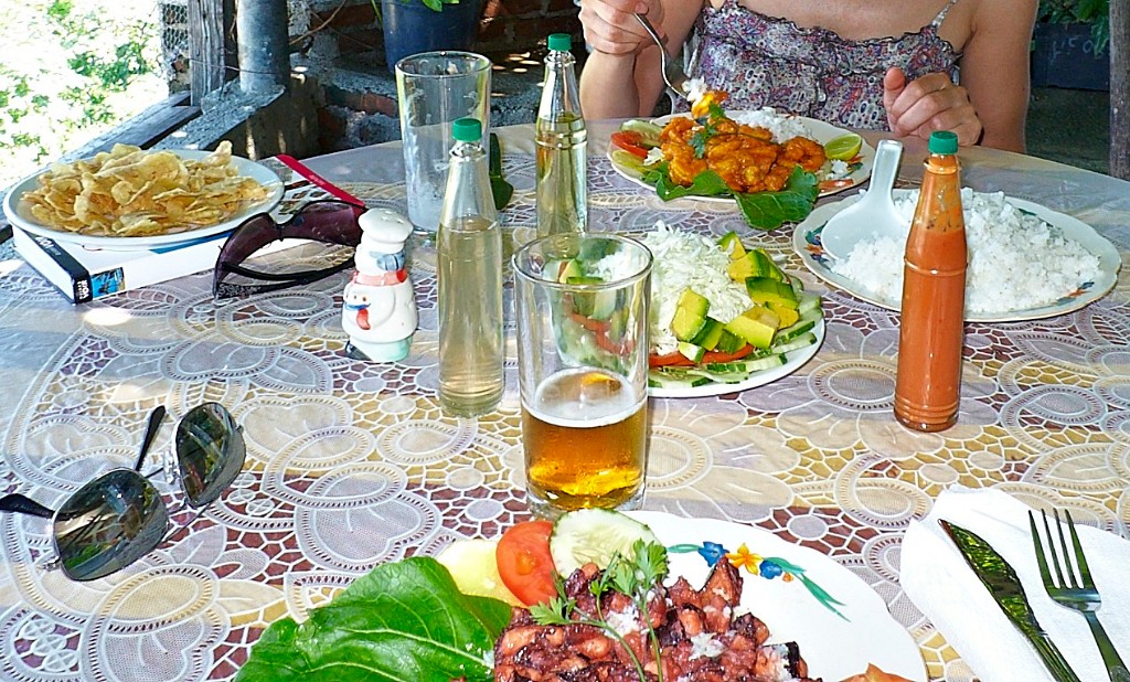 Rrrrhaa.. le paladares du jour -table chez l'habitant- résultat de la politique d''ouverture de l'économie au  secteur privé. Tostones donc (bananes plantains frites), avocat (du beurre!), camarones enchilada (crevettes) et calamars grillés.